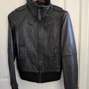 Zara Basic Jacket Coat Black Genuine Leather Medium Knit Collar Zip